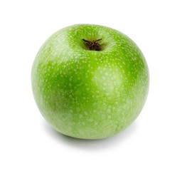 Ripe and juicy green apple a shank downwards isolated on a white