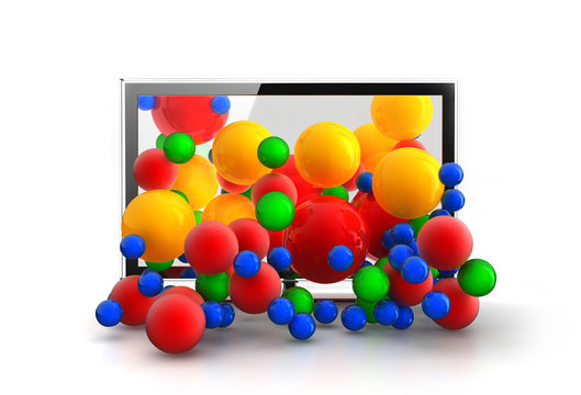 Colored spheres falling from 3D TV © CLIPAREA.com