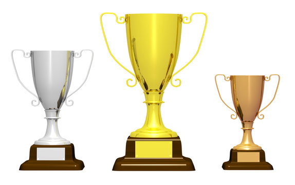 Three trophies on white background
