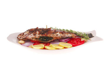 served main course: whole fried seabass