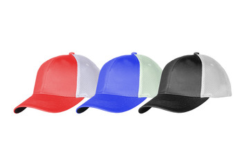 red, blue, black and white caps