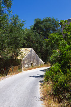 Country road and old house on Corfu island