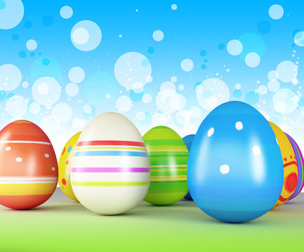 Easter eggs and chickens on blue background
