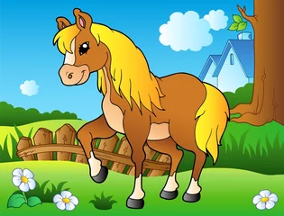 Abwaschbare Fototapete Pony Cartoon-Pferd auf Frühlingswiese