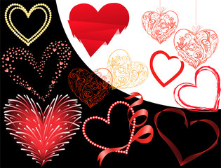 set of twelve different hearts on a black and white background