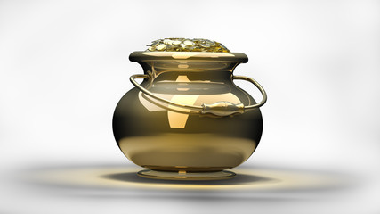Golden pot full of gold coins isolated on white