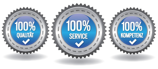 Button - 100% Qualität Service Kompetenz - blau
