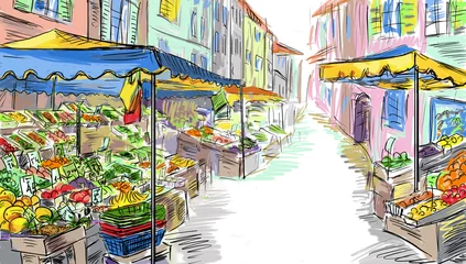 Papier Peint photo Lavable Café de rue dessiné Achats de fruits et légumes.Illustration