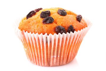 Muffin with raisins isolated on white