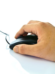 Hand on computer's mouse on white background