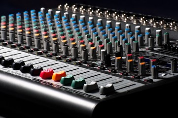 Closeup of an audio sound mixer