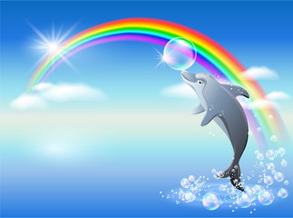 Naklejka premium Rainbow and dolphin