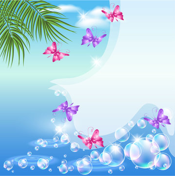 Seascape  with butterfly and  palm  branches