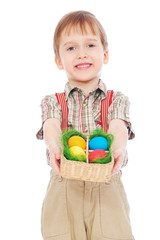 smiley boy with Easter colorful eggs