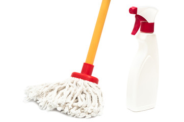 Close up of mop and cleaner bottle isolated on white background