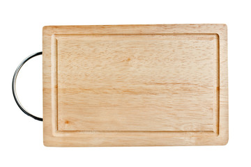 Brown wooden chopping board with metal handle