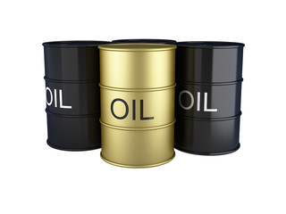 3d render of black and gold oil barrels on white