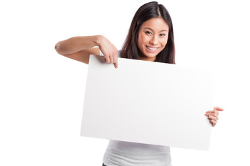 Asian woman with blank poster