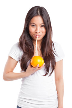 Asian Woman Drinking Orange Juice