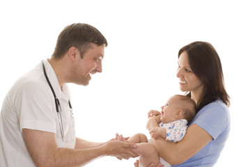 doctor and a woman with a newborn