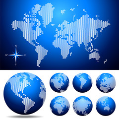 Obraz premium Vector dotted 3D Map and Globe of the World continent, Blue set: America, Asia, Europe, Africa, Australia, illustration Silhouettes