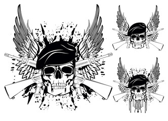 The vector image of skull in beret with the crossed rifles - obrazy, fototapety, plakaty