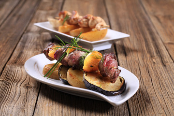 Shish kebab with roasted potato and eggplant