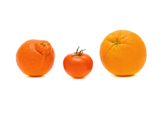 oranges, tomatoes and mandarin orange on white background.