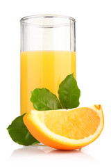 glass of orange juice and orange fruits with green leaves isolat