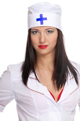 Sexy woman with red lips and medical uniform