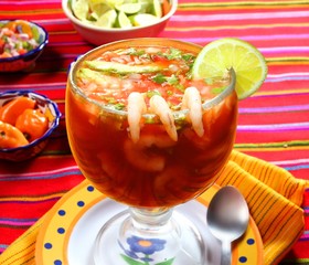 Cocktail of shrimps seafood mexican style chili sauce