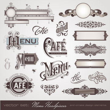 menu headpieces, panels and ornate design elements