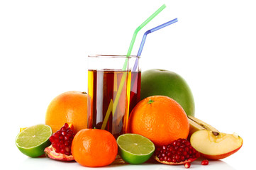 Fruits and glasses with juice isolated on white