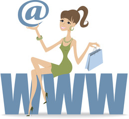 beautiful girl with a bag sitting on a big label 