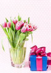 Pink tulips and gift box