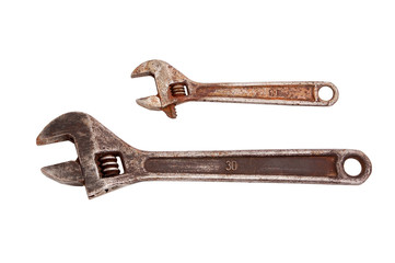 Old rusty wrench, isolated on white background