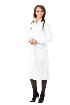 Full body portrait of female doctor or nurse, isolated on white