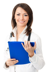 Happy smiling doctor with blue folder, isolated on white