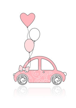 Pink female car with floral ornament and balloons