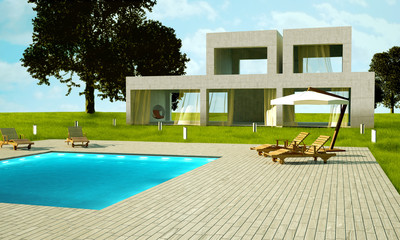 Modern house with pool day time view
