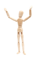Wooden figure with hands raised