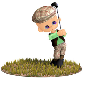 cute and funny cartoon golf player. 3D rendering with clipping