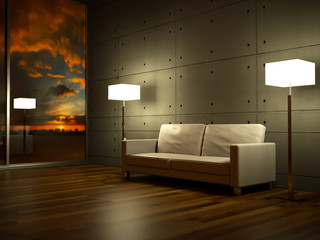 Sofa Rendering seitlich Abendrot beleuchtet