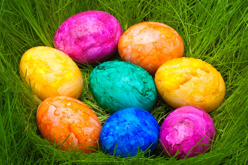 farbige Ostereier mit Tautropfen im Gras