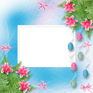 Pastel background with colored eggs and lilies to celebrate East