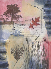 Mixed media painting with trees and grasses