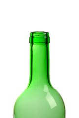 top of empty green wine bottle isolated over white