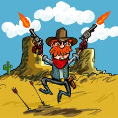 Abwaschbare Fototapete Wilder Westen Cartoon Cowboy springt mit seinen sechs Pistolen