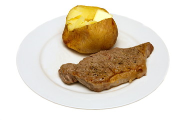Ribeye Steak on White Plate with Buttered Baked Potato