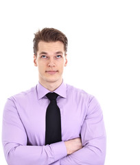 Geschäftsmann schaut auf leeren Bereich über ihm